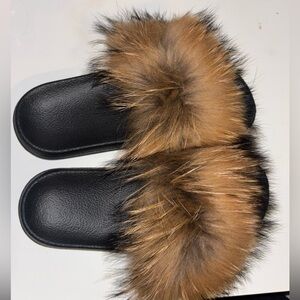 Authentic Raccoon Fur Slides Slippers - Natural Brown
